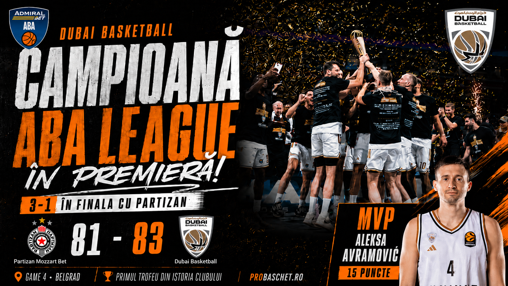 ABA LEAGUE: Dubai Basketball, campioană în premieră după 3-1 în finala cu Partizan