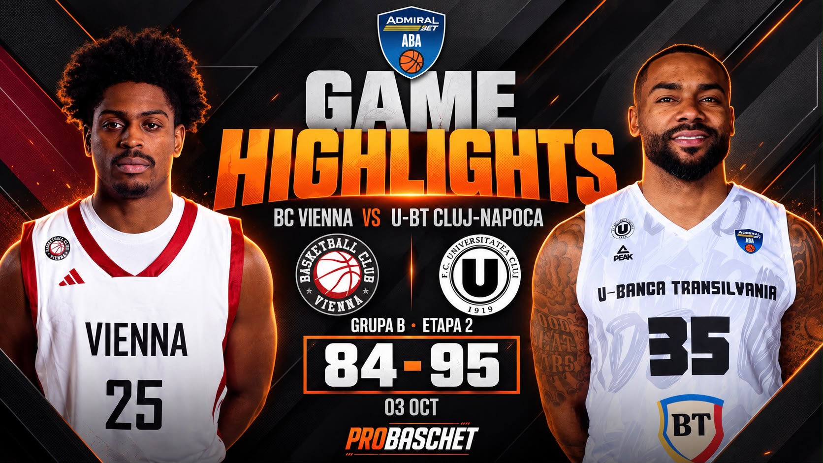 ABA League 26/27 – HIGHLIGHTS: BC Vienna – U-BT Cluj-Napoca 84-95 | Etapa 2